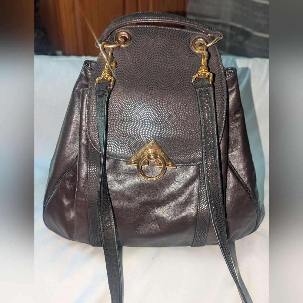 Sondra Roberts Vintage Dark Brown Leather Shoulder Bag with Gold Accents.